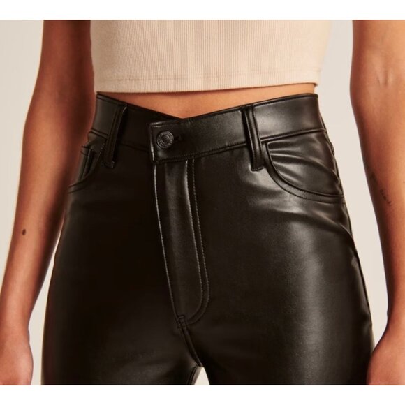 Abercrombie & Fitch Criss Cross 90s Straight High Rise Vegan Leather Black Pants - Picture 2 of 12